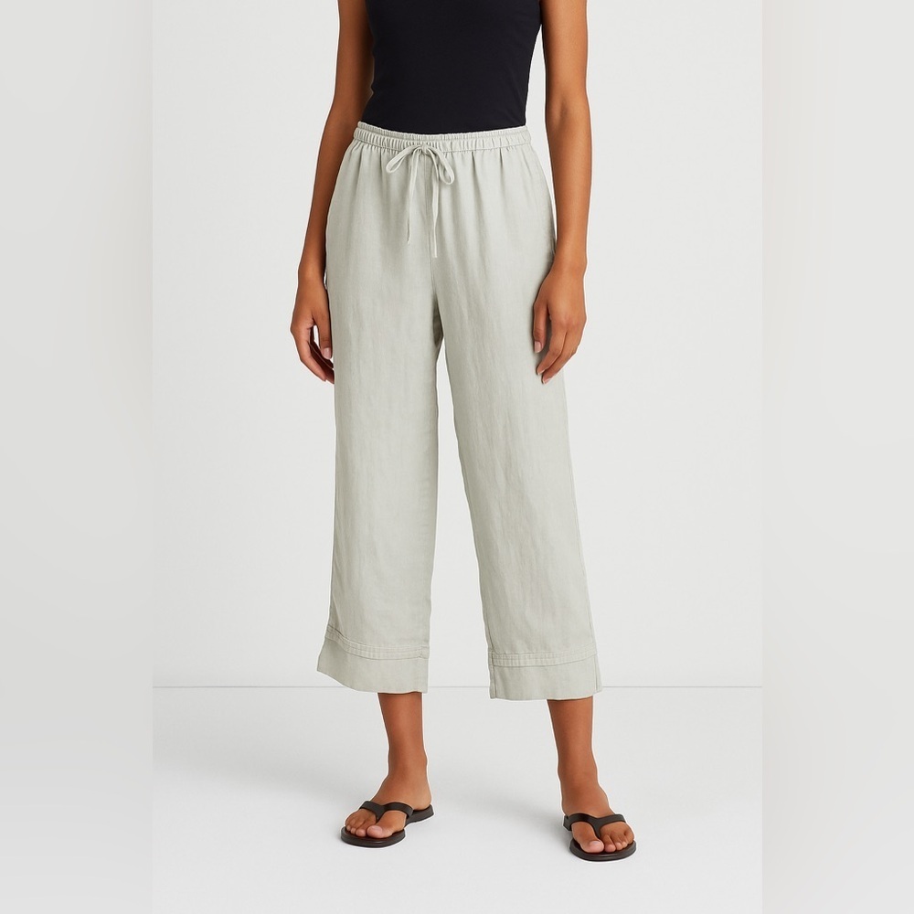 FLAX 100% Linen Gray Drawstring Pants Cropped Wide Leg Comfort Fit Medium